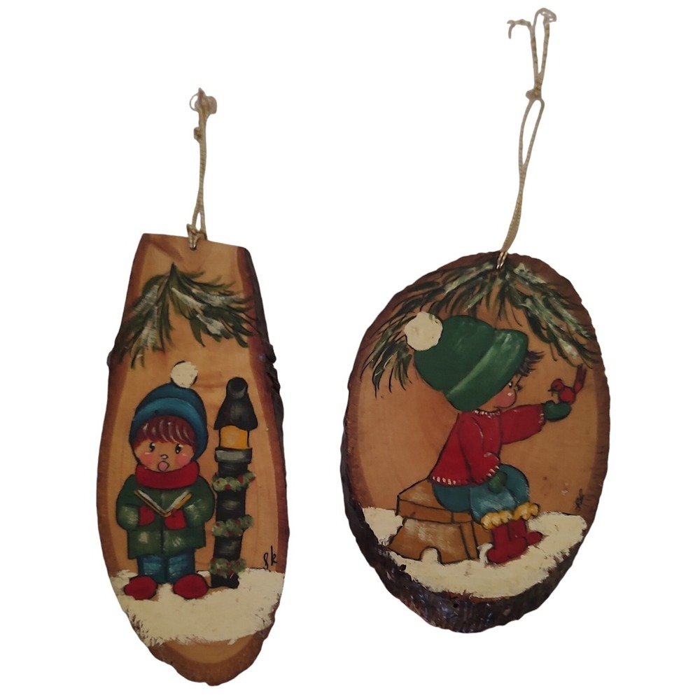 Natural Wood Ornaments Cut Hand Painted Christmas Vintage Signed 1985 Set of Two